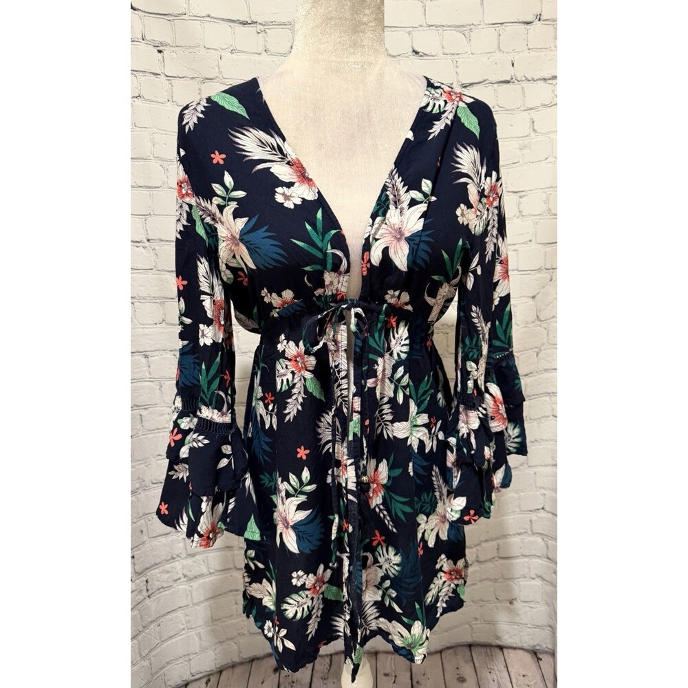 Blue Island Blue Floral Short Tie Front Rayon Ruffle Sleeve Wrap Dress Small